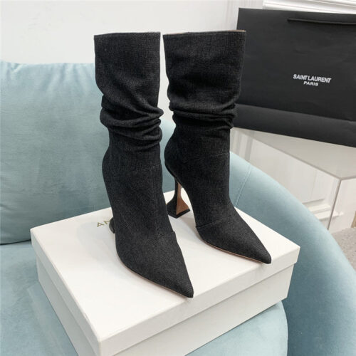 High Quality Luxury Amina Muaddi Wine Glass Heel Pleated High Heel Boots – Style 91779 product detail