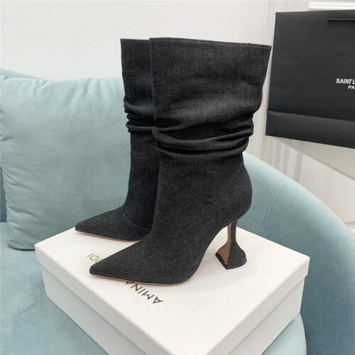 High Quality Luxury Amina Muaddi Wine Glass Heel Pleated High Heel Boots – Style 91779