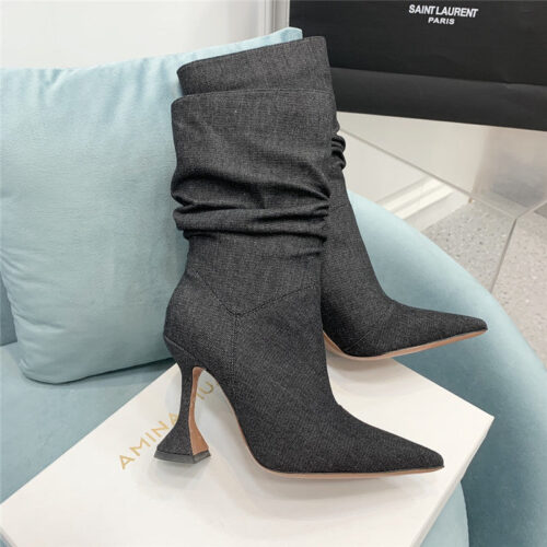 High Quality Luxury Amina Muaddi Wine Glass Heel Pleated High Heel Boots – Style 91779 product detail