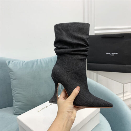 High Quality Luxury Amina Muaddi Wine Glass Heel Pleated High Heel Boots – Style 91779 product detail