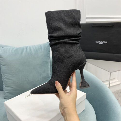 High Quality Luxury Amina Muaddi Wine Glass Heel Pleated High Heel Boots – Style 91779 product detail