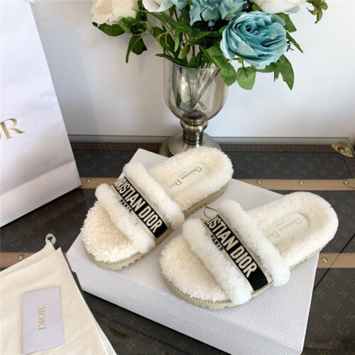 High Quality Luxury Dior Embroidered Fur Slippers alternate view