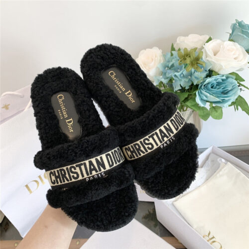 High Quality Luxury Dior Embroidered Fur Slippers – Style 08070 alternate view