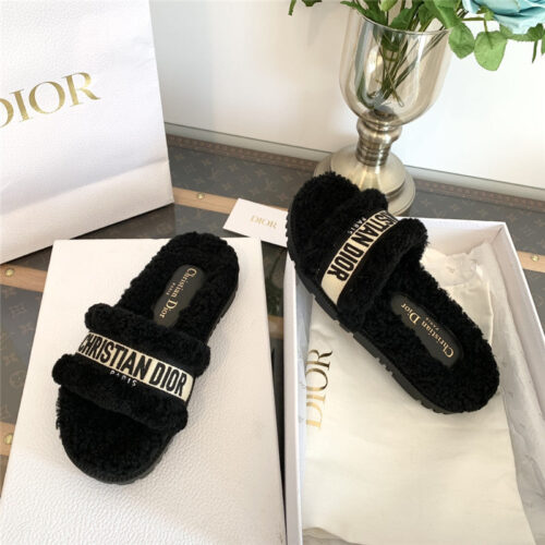 High Quality Luxury Dior Embroidered Fur Slippers – Style 08070 product detail