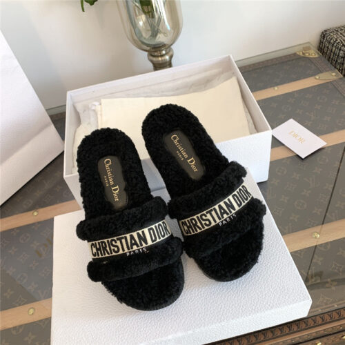 High Quality Luxury Dior Embroidered Fur Slippers – Style 08070 product detail