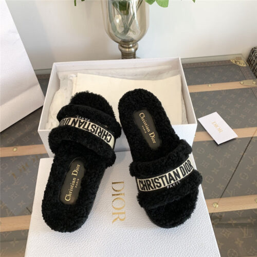 High Quality Luxury Dior Embroidered Fur Slippers – Style 08070 product detail