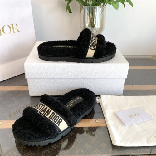 High Quality Luxury Dior Embroidered Fur Slippers – Style 08070 product detail