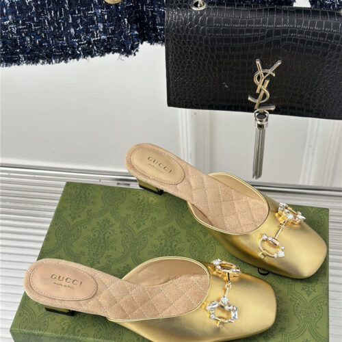 High Quality Luxury Gucci New Horsebit Toe Thick Heel Half Slippers