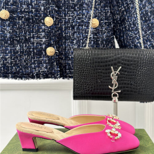 High Quality Luxury Gucci New Horsebit Toe Thick Heel Half Slippers – Style 69587 product detail