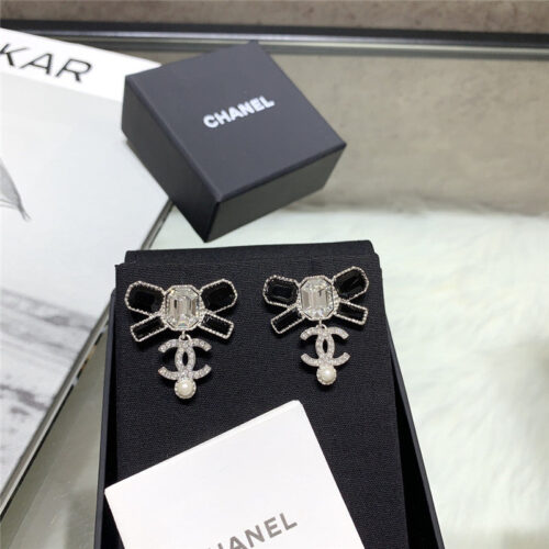 High Quality Luxury Chanel Bow Hanging Double C Beads Earrings alternate view