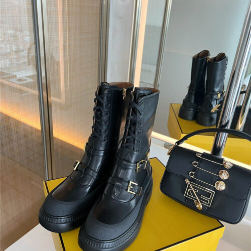 High Quality Luxury Fendi Delfina Round Toe Motorcycle Boots alternate view