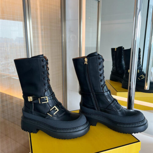 High Quality Luxury Fendi Delfina Round Toe Motorcycle Boots
