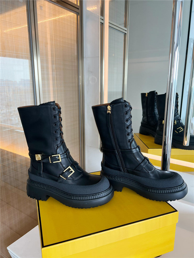 High Quality Luxury Fendi Delfina Round Toe Motorcycle Boots