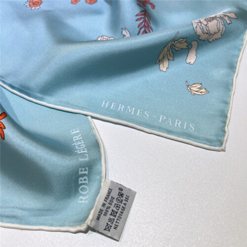High Quality Luxury Hermes New “Qing Yang Floral Dress” Lake Blue Silk Scarf product detail