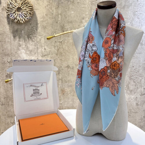 High Quality Luxury Hermes New “Qing Yang Floral Dress” Lake Blue Silk Scarf alternate view