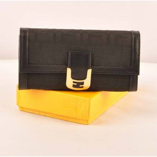 High Quality Luxury Fendi Black F Fabric Long Wallet