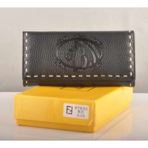 High Quality Luxury Fendi Black Calfskin Leather Long Wallet
