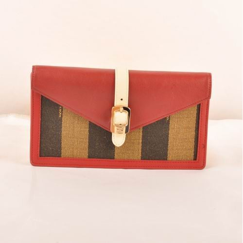 High Quality Luxury Fendi Red Calfskin Leather With Striped Fabric Zucca Flap Wallet