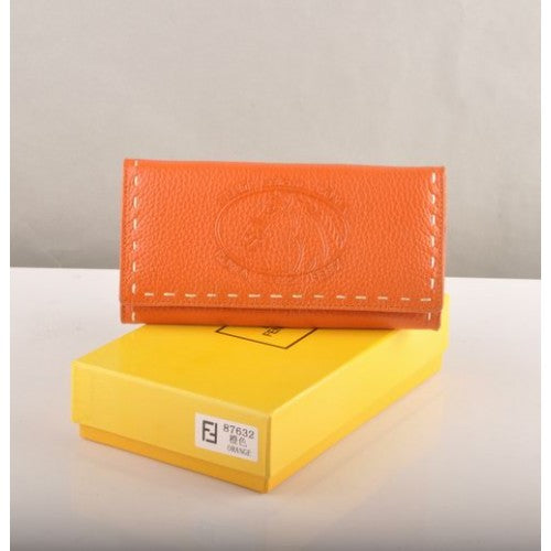 High Quality Luxury Fendi Orange Calfskin Leather Long Wallet