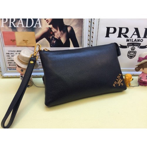 High Quality Luxury Prada Mens Leather Pouch 3318 Black