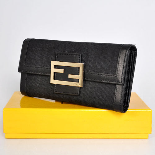 High Quality Luxury Fendi Black Calfskin Leather Long Wallet – Style 06953