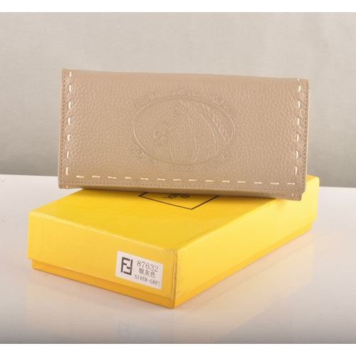 High Quality Luxury Fendi Silver Grey Calfskin Leather Long Wallet