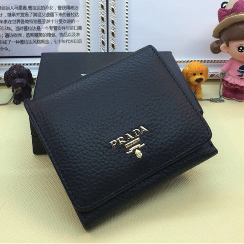 High Quality Luxury Prada Trifold Leather Wallet 1M0176 Black