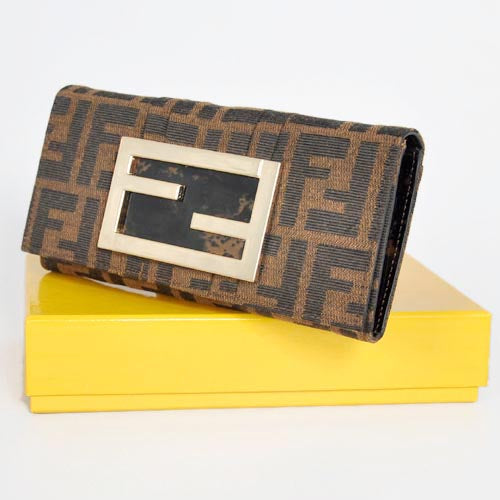 High Quality Luxury Fendi Coffee F Fabric Long Wallet – Style 09044