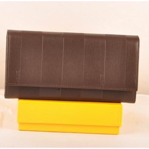 High Quality Luxury Fendi Coffee Soft Calfskin Leather Long Wallet