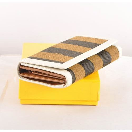 High Quality Luxury Fendi White Leather With Striped Fabric Long Wallet