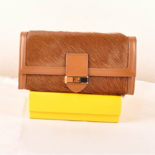 High Quality Luxury Fendi Coffee Horsehair Leather Flap Wallet