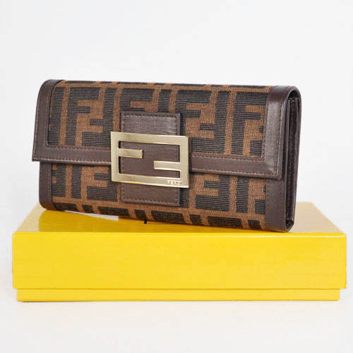 High Quality Luxury Fendi Coffee Leather With F Fabric Long Wallet