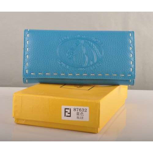 High Quality Luxury Fendi Blue Calfskin Leather Long Wallet