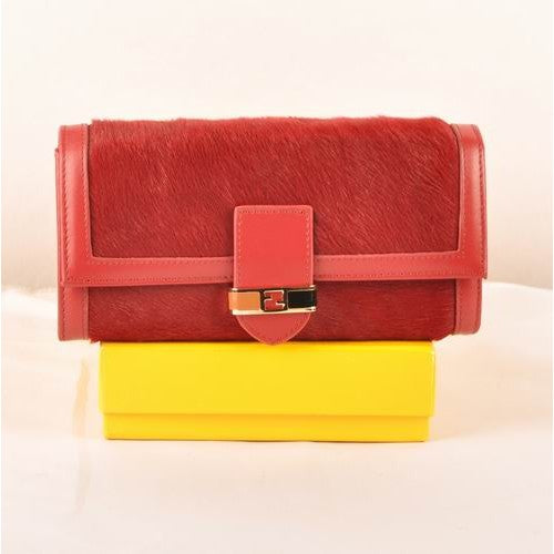 High Quality Luxury Fendi Red Horsehair Leather Flap Wallet