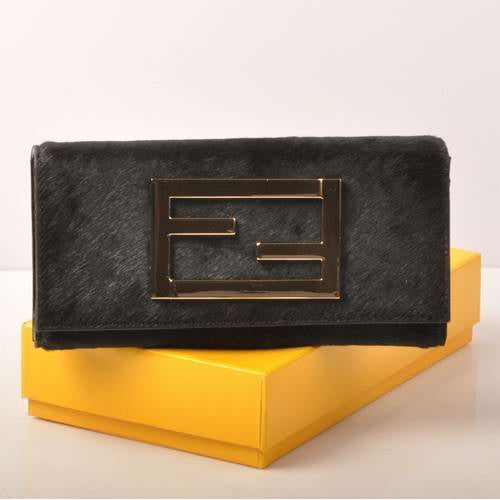 High Quality Luxury Fendi Black Horsehair Leather Long Wallet