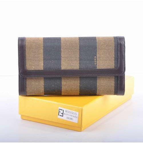 High Quality Luxury Fendi Coffee Leather With Striped Fabric Long Wallet