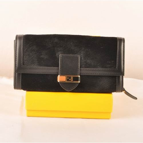 High Quality Luxury Fendi Black Horsehair Leather Flap Wallet