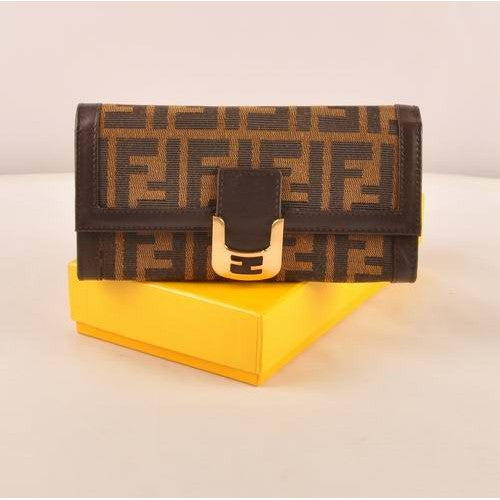 High Quality Luxury Fendi Coffee F Fabric Long Wallet