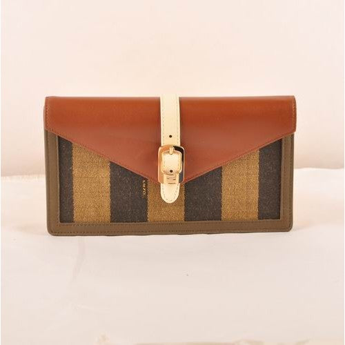 High Quality Luxury Fendi Brown Calfskin Leather With Striped Fabric Zucca Flap Wallet