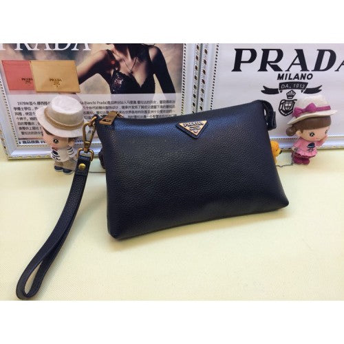 High Quality Luxury Prada Mens Leather Pouch 3316 Black