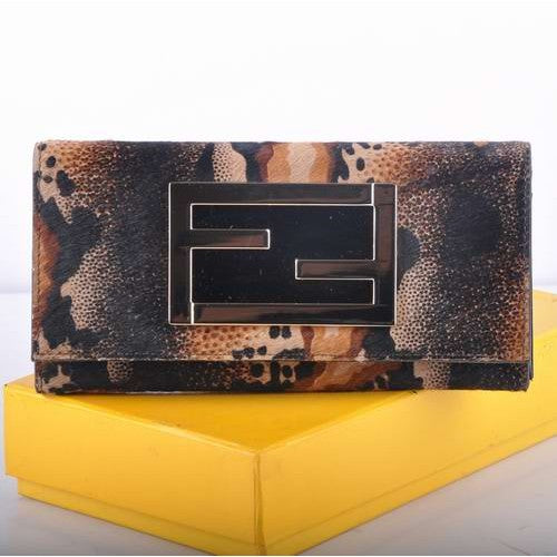 High Quality Luxury Fendi Coffee Horsehair Leather Long Wallet