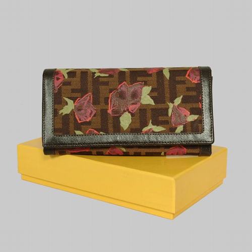 High Quality Luxury Fendi Coffee Leather With Rose Print Long Wallet