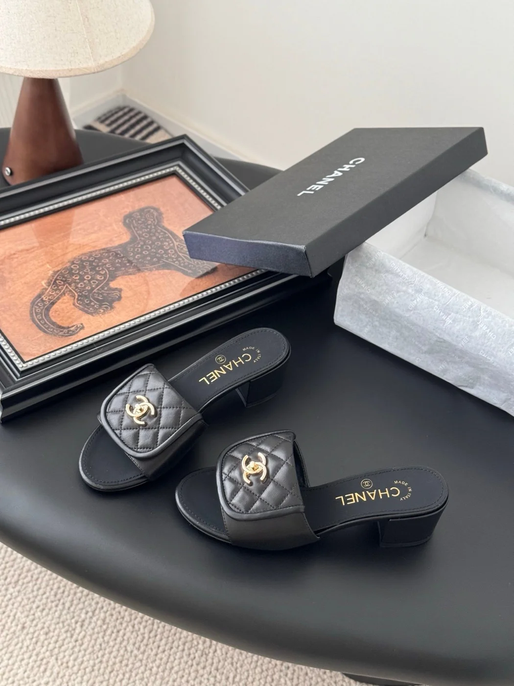 Chanel Women Black Quilted Leather Slides product view 6