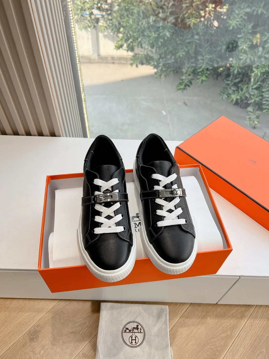 Hermès Women Black Leather Sneakers With Buckle Strap product view 3
