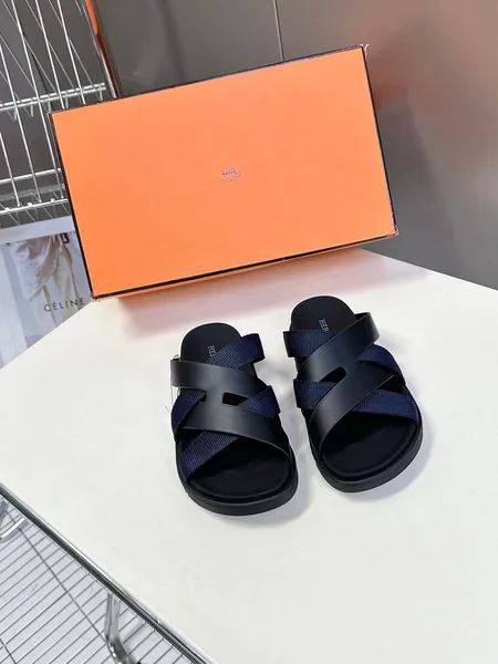 Hermès Women Navy Blue Leather And Fabric Sandals product view 1