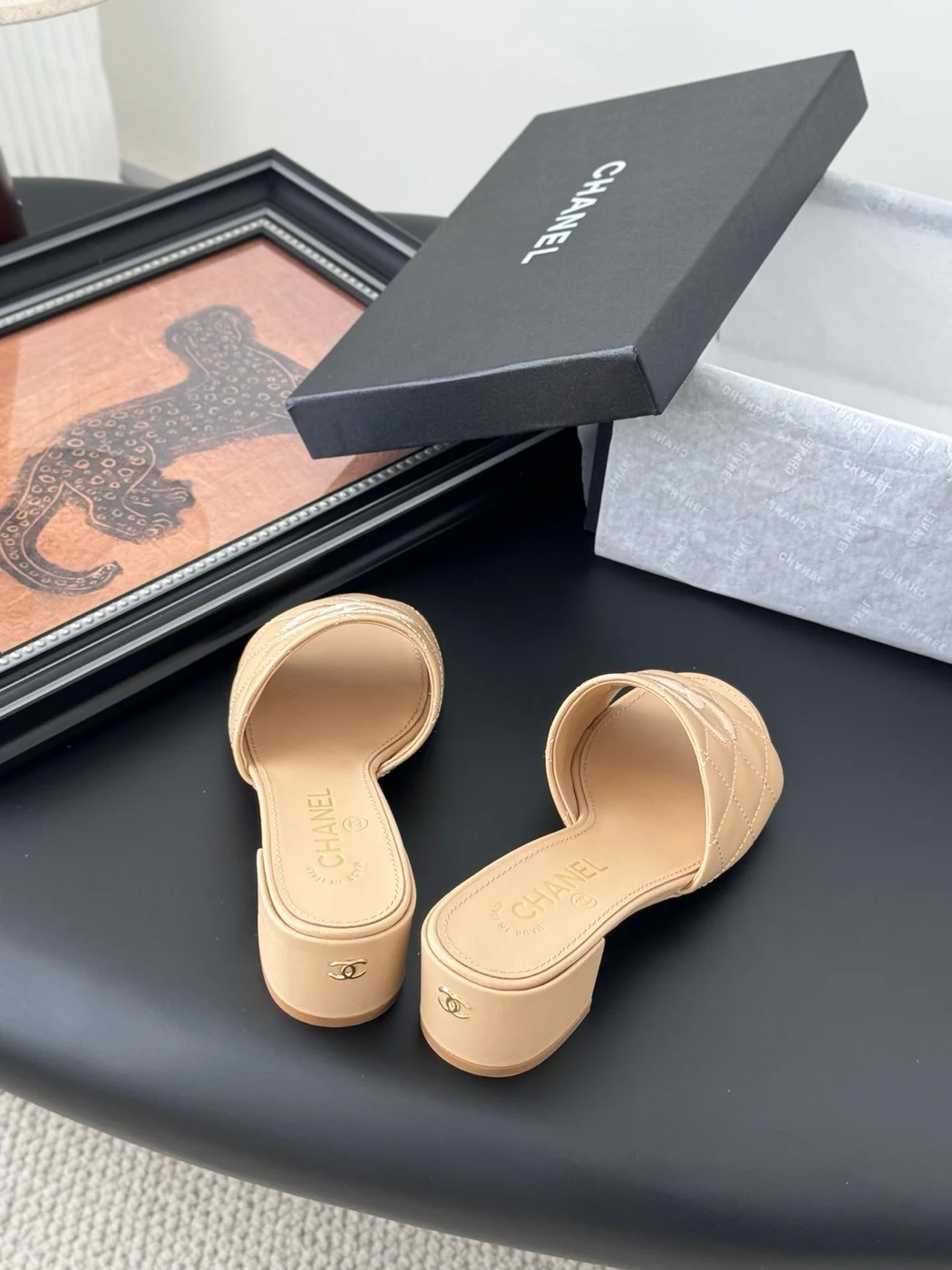 Chanel Women Beige Leather Quilted Slides product view 5