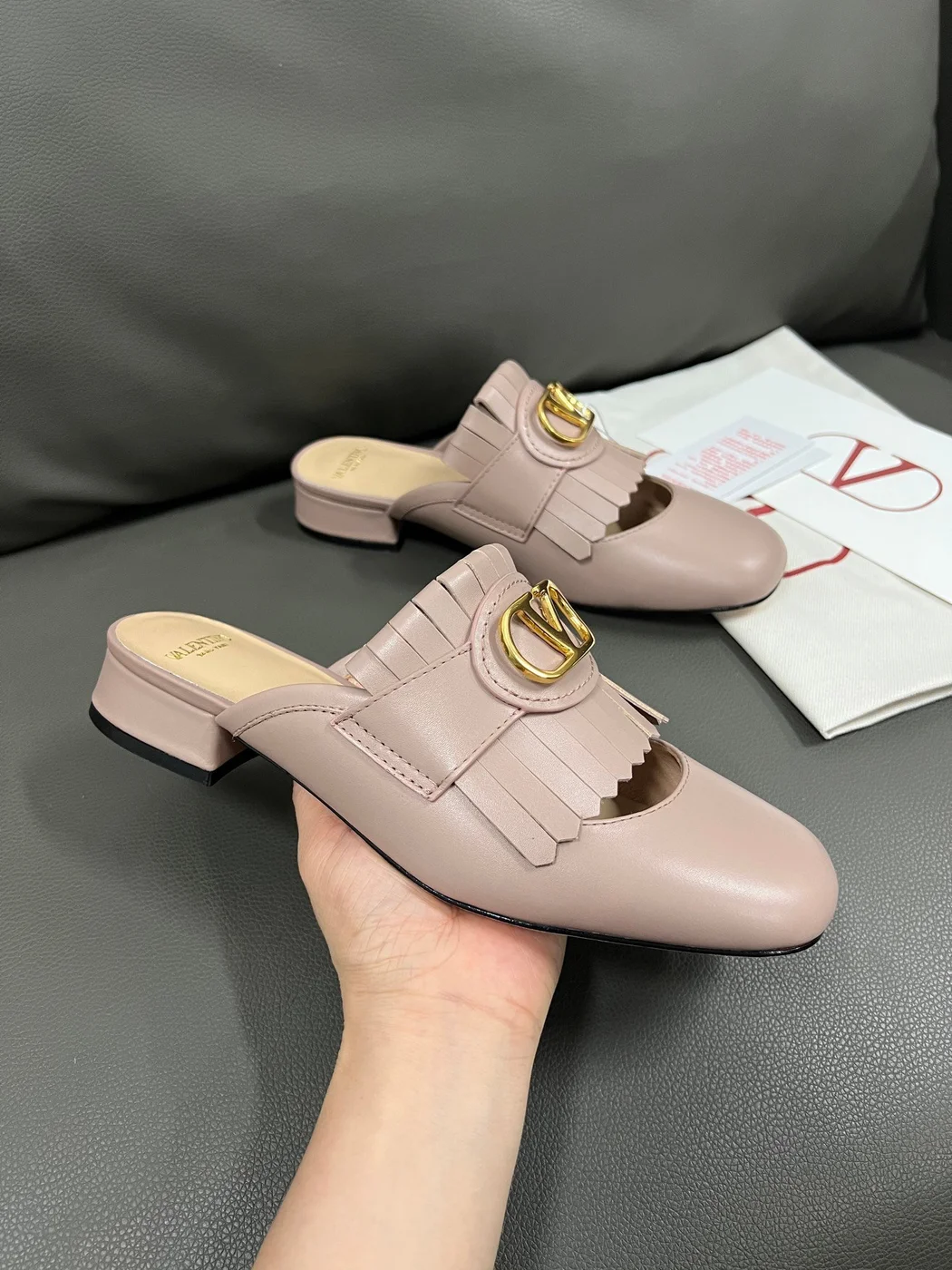 Valentino Women Blush Pink Leather Fringe Mules product view 5