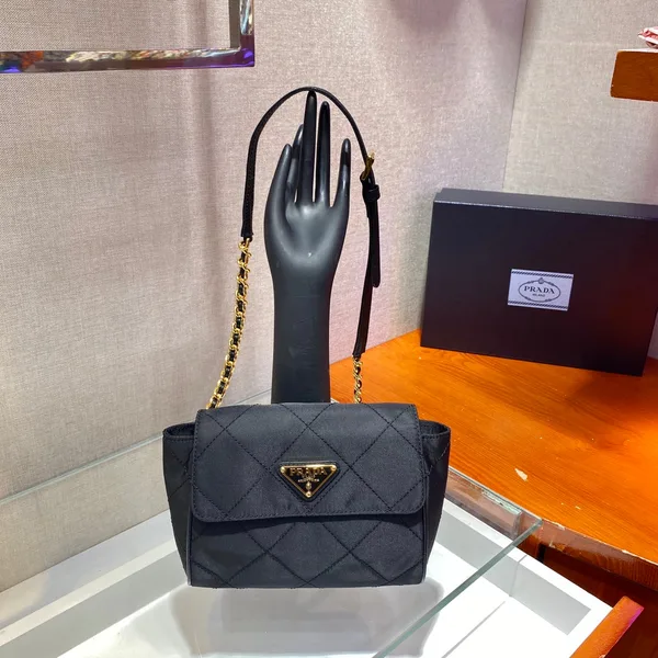Prada Small Quilted Flap Bag 18 In Black Re-Nylon Fabric Gold Chain product view 1