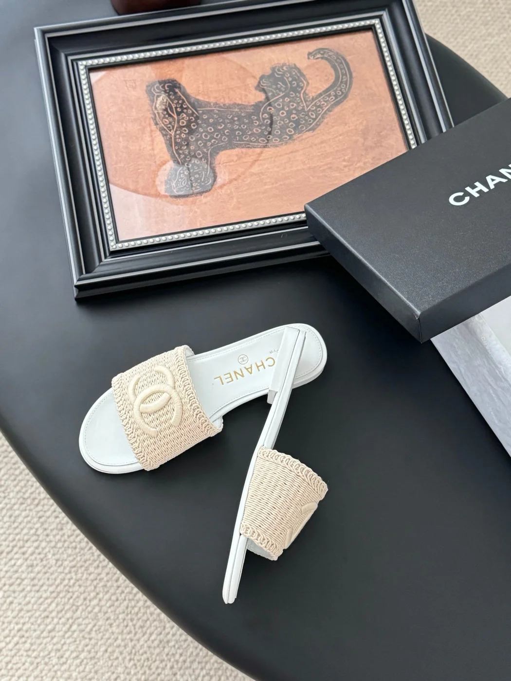Chanel Women Beige Woven Fabric Slides product view 4
