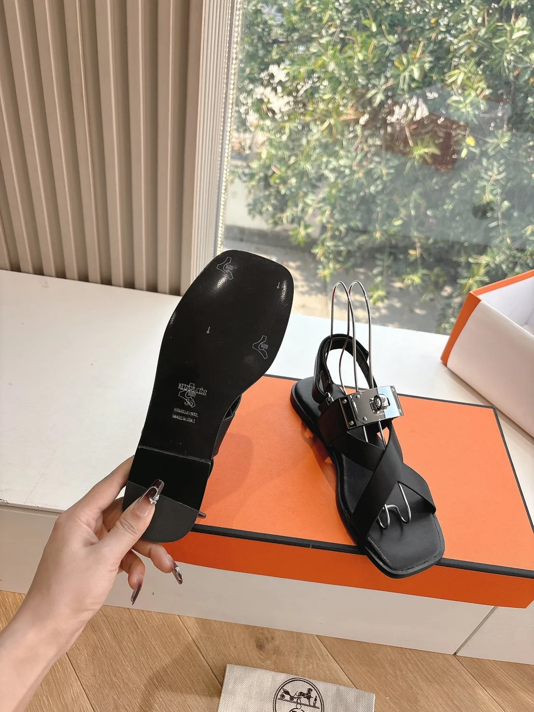 Hermès Women Black Leather Strappy Sandals product view 2